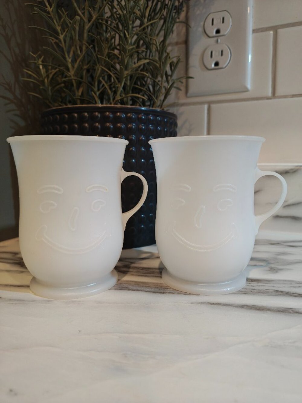 Vintage 1980s Kool-Aid Man Mugs Set of 2 White Frosted Plastic Retro Collectible